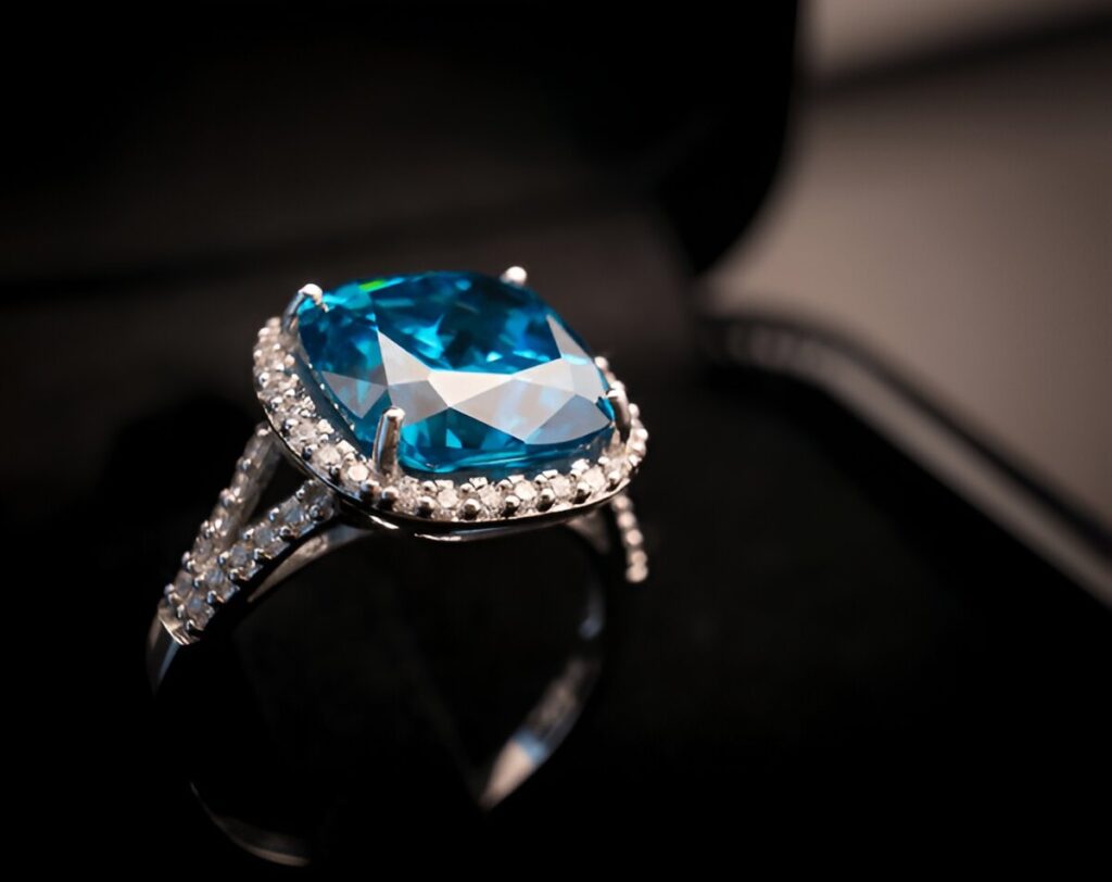 Blue topaz Jewel gemstone ring on black background