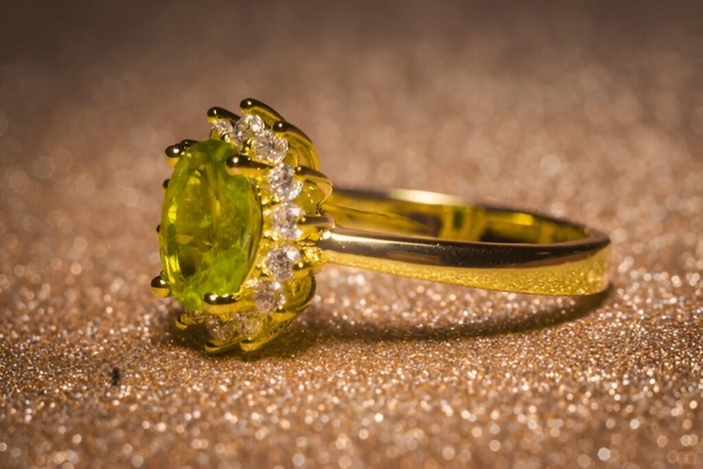 Precious golden ring with olive green stone, natural peridot.-2