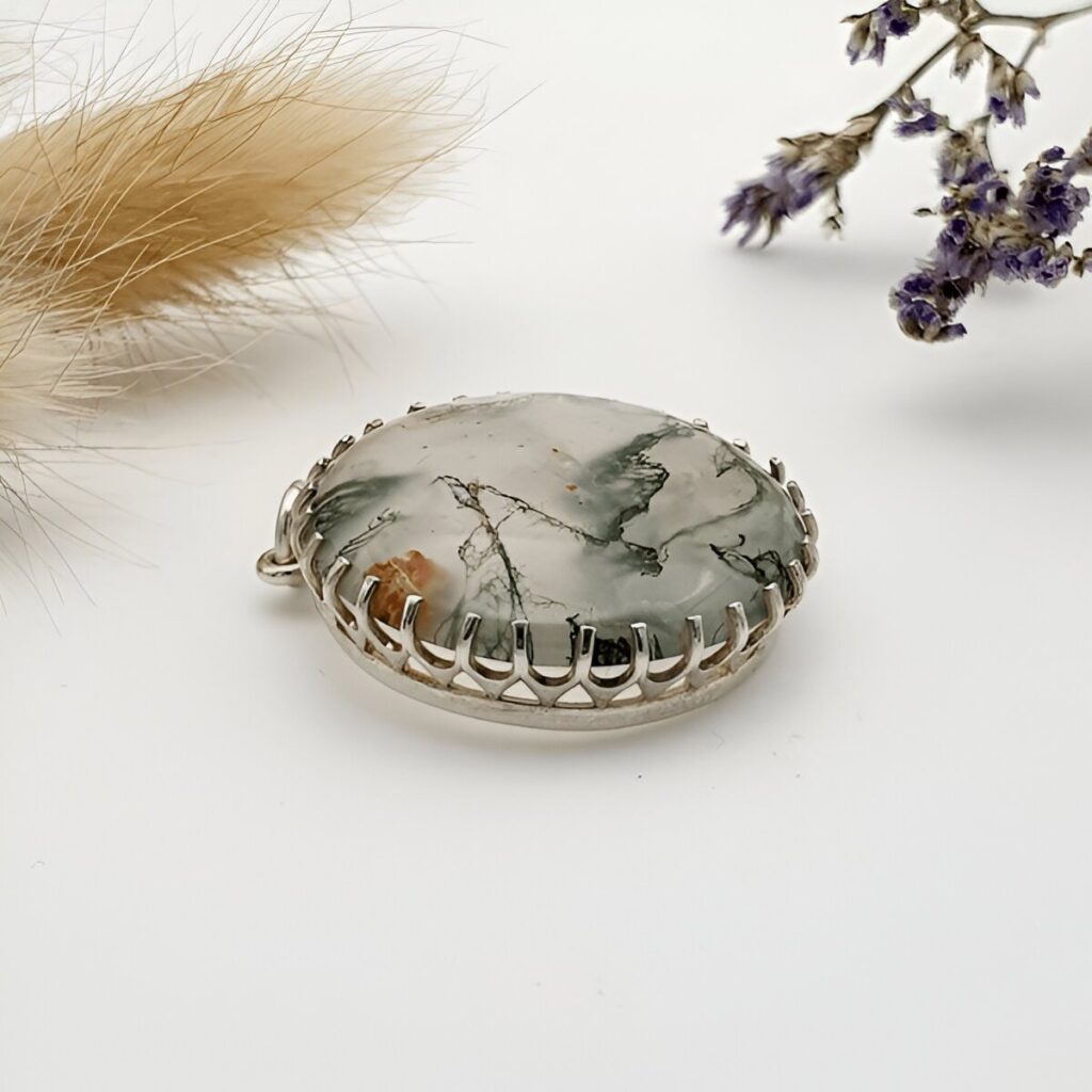 Vintage moss agate round circle chunky solid 925 sterling silver pendant