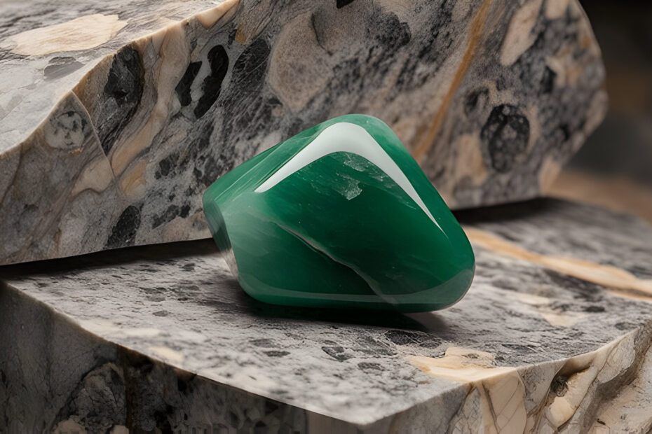 Macro shot of jade crystal with a green sheen on a rocky surface